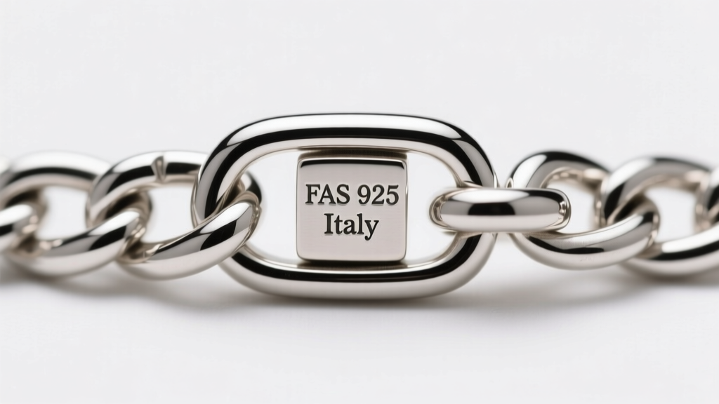 Macro photography of a sterling silver curb chain clasp showing a crisp FAS 925 Italy hallmark stamp under bright studio lighting.