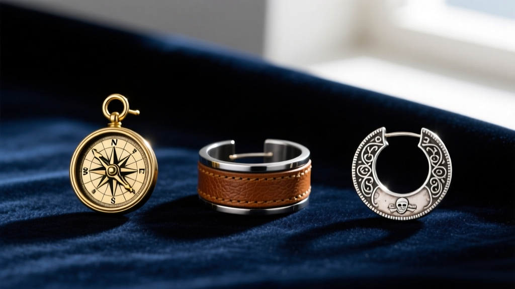 Flat lay of three pirate hoop earrings on dark velvet: brass compass charm, leather-wrapped steel, and silver coin hoop designs.