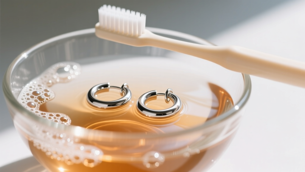 Little silver hoop earrings submerged in a glass bowl of warm soapy water, with a soft baby toothbrush resting on the rim