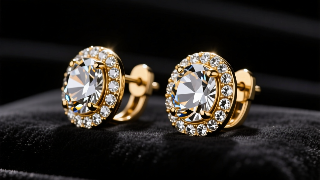 Close-up of vintage Nicole Miller gold-tone crystal clip-on earrings on black velvet, showing pave settings and brass clasp.