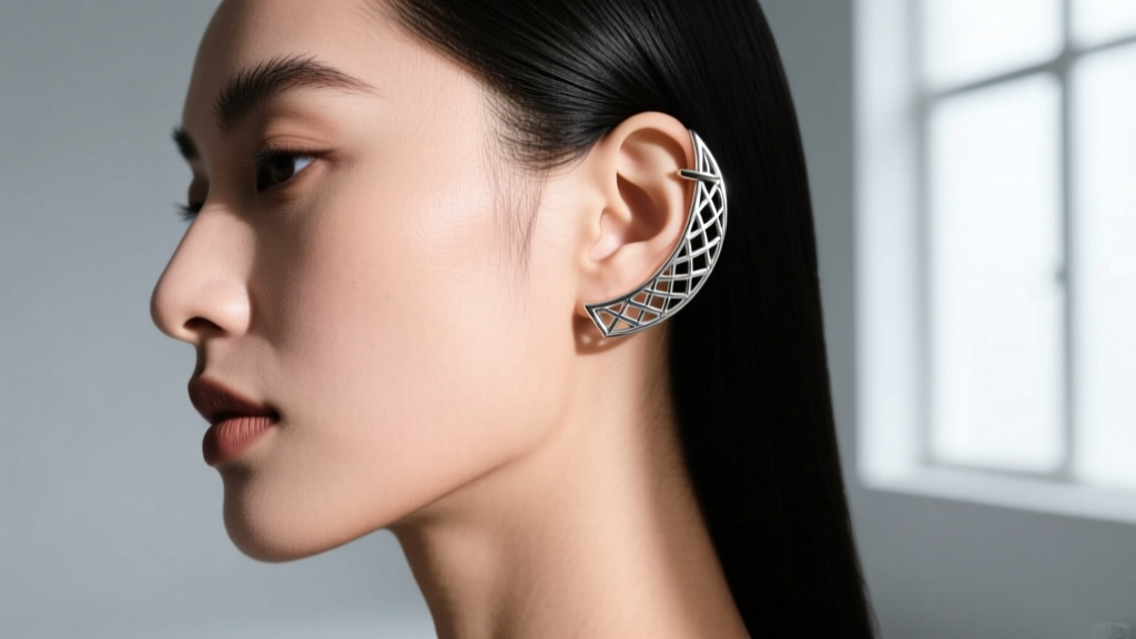 Side profile of a model wearing a silver peep ear cuff, showing lattice metalwork resting on the upper helix cartilage edge