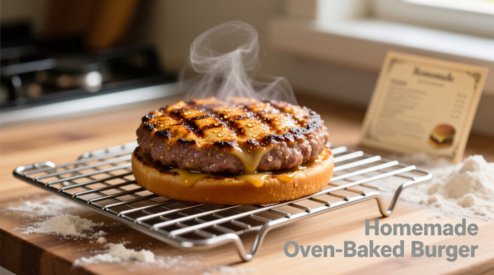 Oven-baked hamburger patties on wire rack