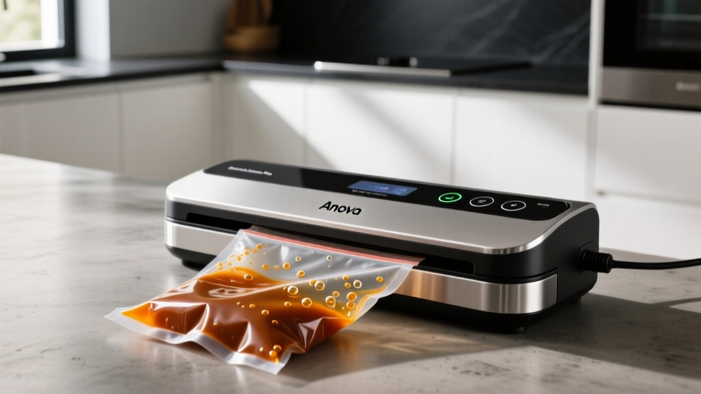 Side profile of Anova Precision Vacuum Sealer Pro sealing a wet marinade bag using the moist setting pulse function in a modern kitchen