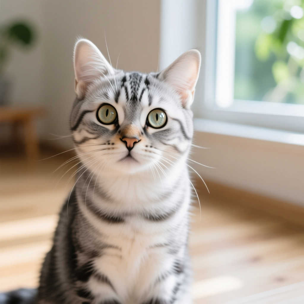 A cute gray and white cat with big curious eyes looking directly at the camera