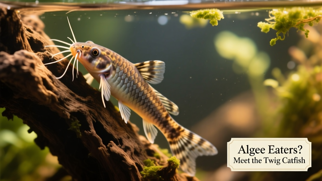 Close-up of a twig catfish clinging to driftwood, showing its elongated body and camouflaged appearance