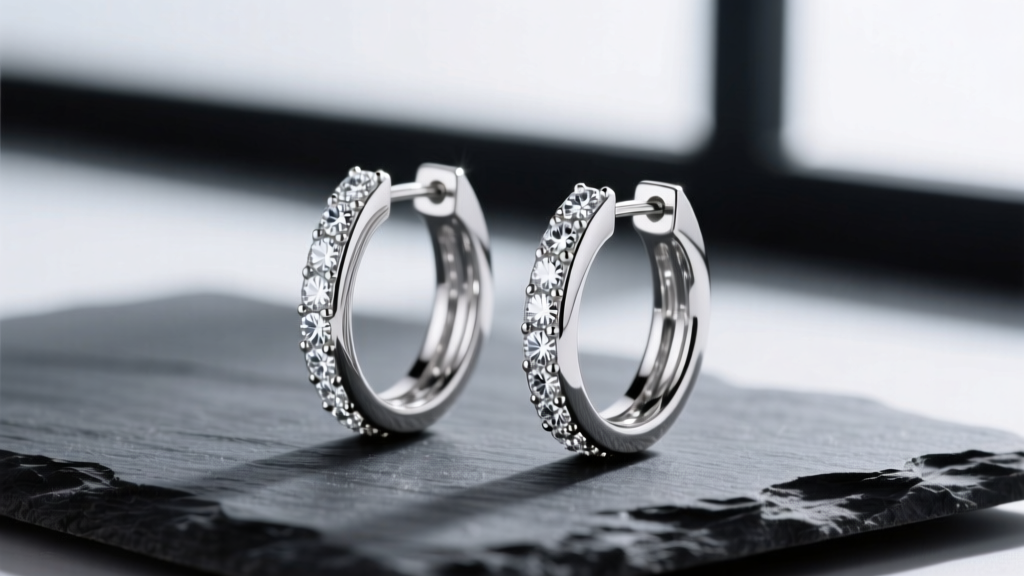 Macro shot of 18-gauge rhodium-plated sterling silver diamond hoop earrings on dark slate, side lighting highlighting the pavé.
