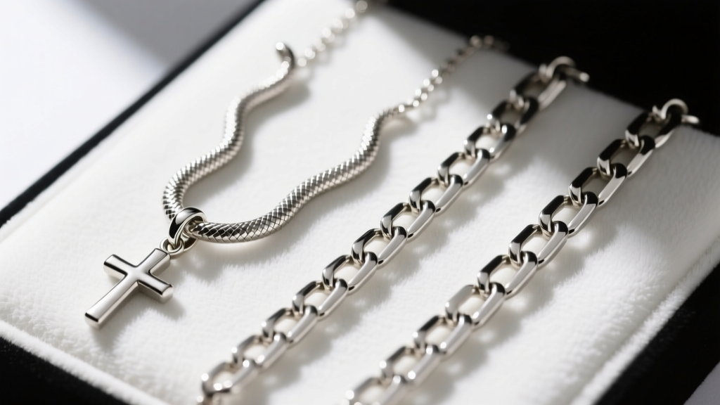 Tangled 0.6mm snake chain next to a sturdy 1.2mm box chain for religious pendants, displayed on a clean white velvet jewelry pad.
