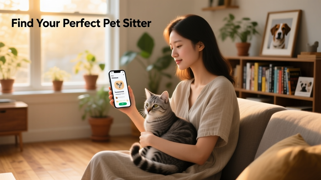 Person sitting by a window with a cat on their lap, using a mobile phone to browse a pet sitting app