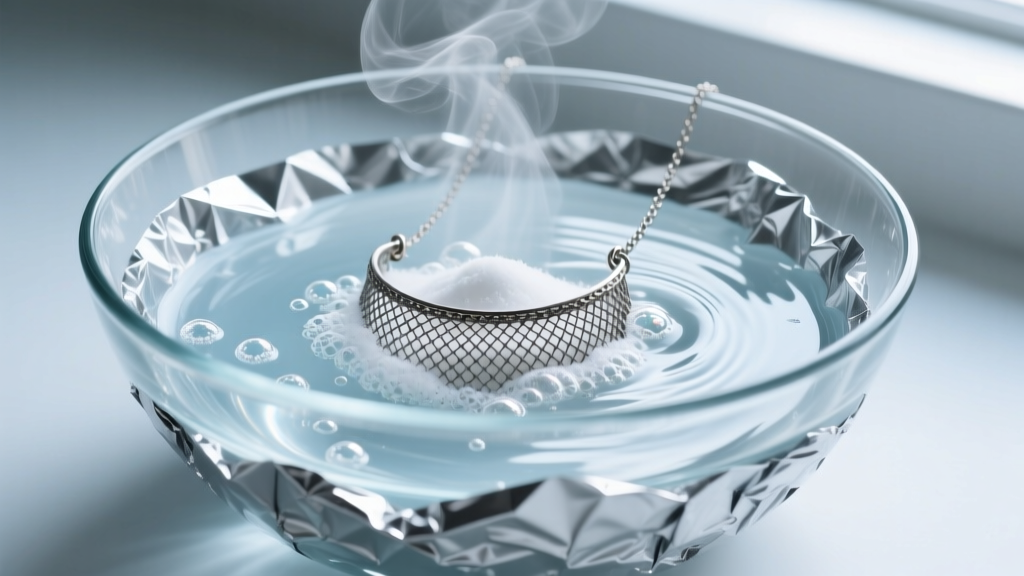 Glass bowl lined with aluminum foil, filled with hot water and baking soda, submerging a tarnished silver mesh bib necklace