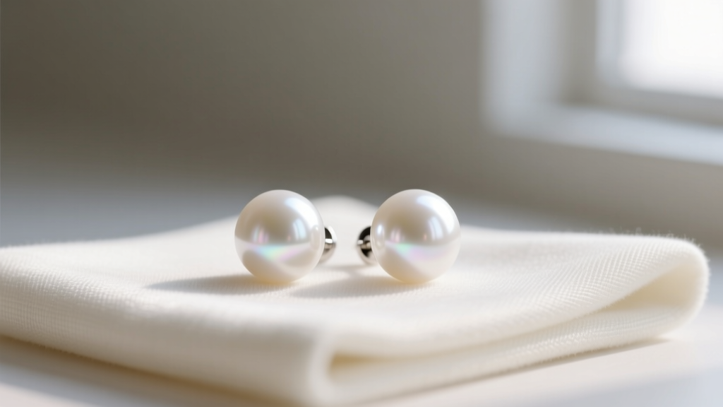 White Akoya pearl stud earrings resting on a microfiber cloth, safely wiped without using harsh chemical earring cleaner solutions