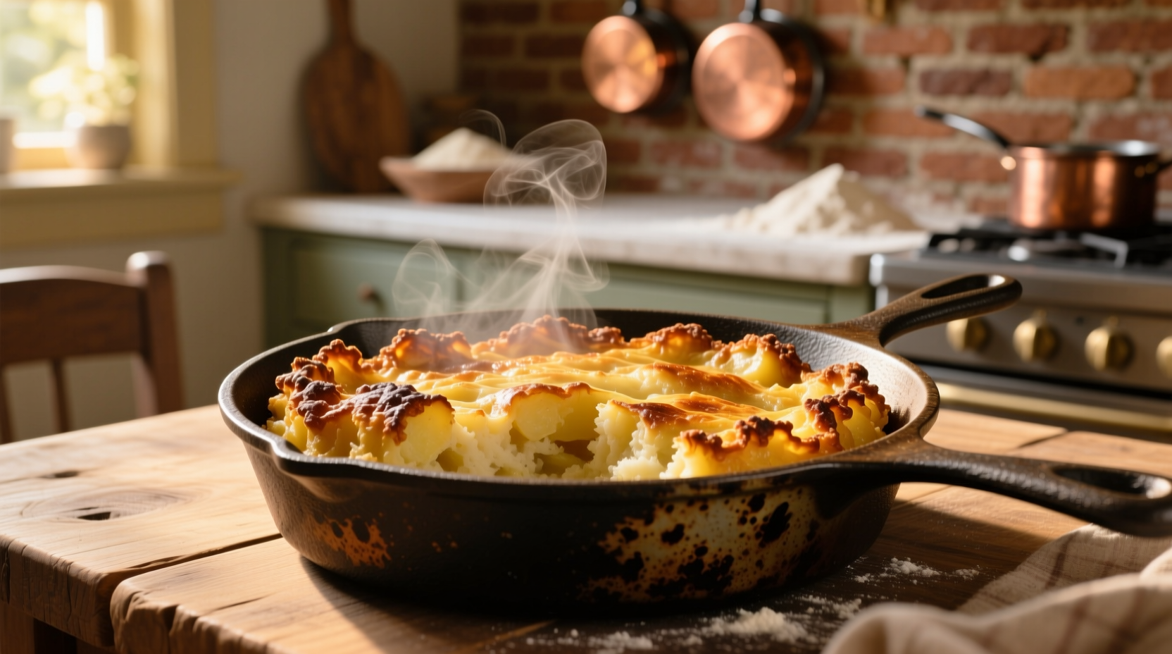 Golden brown potato kugel with crispy edges in cast iron skillet