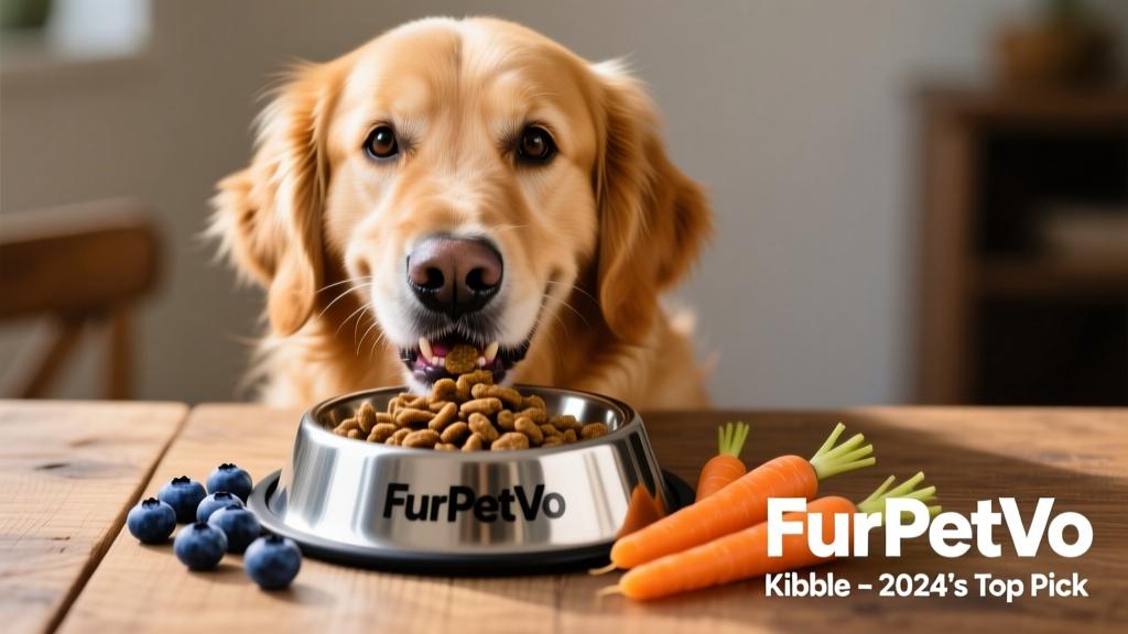 Golden Retriever happily eating from a stainless steel bowl filled with FurPetVo kibble, with fresh blueberries and carrots nearby as healthy toppers