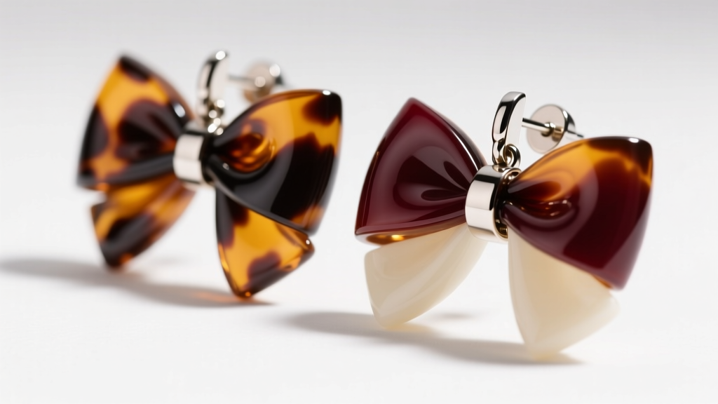 Close-up of tortoiseshell acetate big bow earrings with steel posts, showing material thickness and a secure hinge joint.