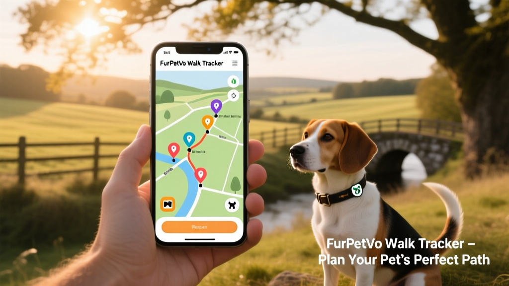 A smartphone screen showing the FurPetVo Walk Tracker app displaying a mapped walking route with icons for photos and waypoints
