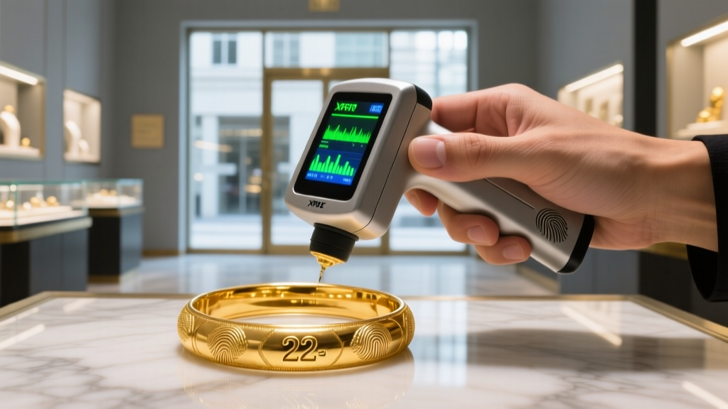Hand using an XRF scanner on a 22k gold bangle, digital purity readings glowing on the screen in a professional pawn shop setting.