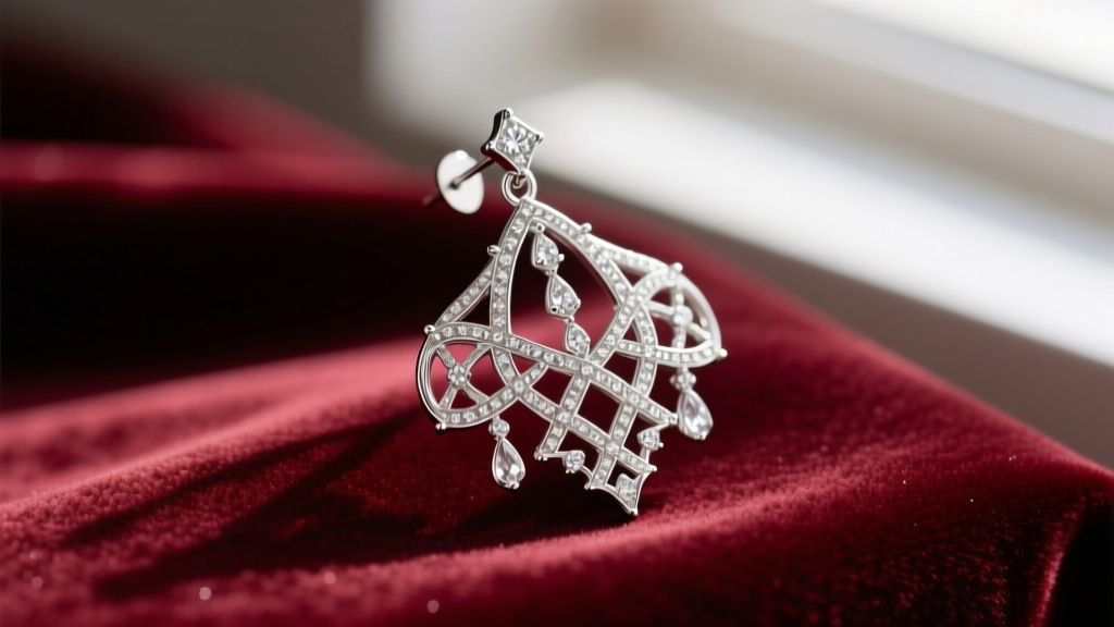 Close-up of a platinum filigree chandelier earring on velvet demonstrating the complex openwork structure and small diamond accents