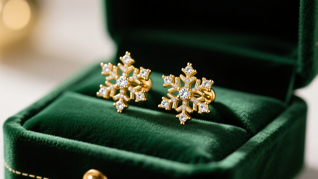 Close-up of 18k gold snowflake stud earrings with pavé diamonds on a dark green velvet holiday gift box under soft warm lighting.