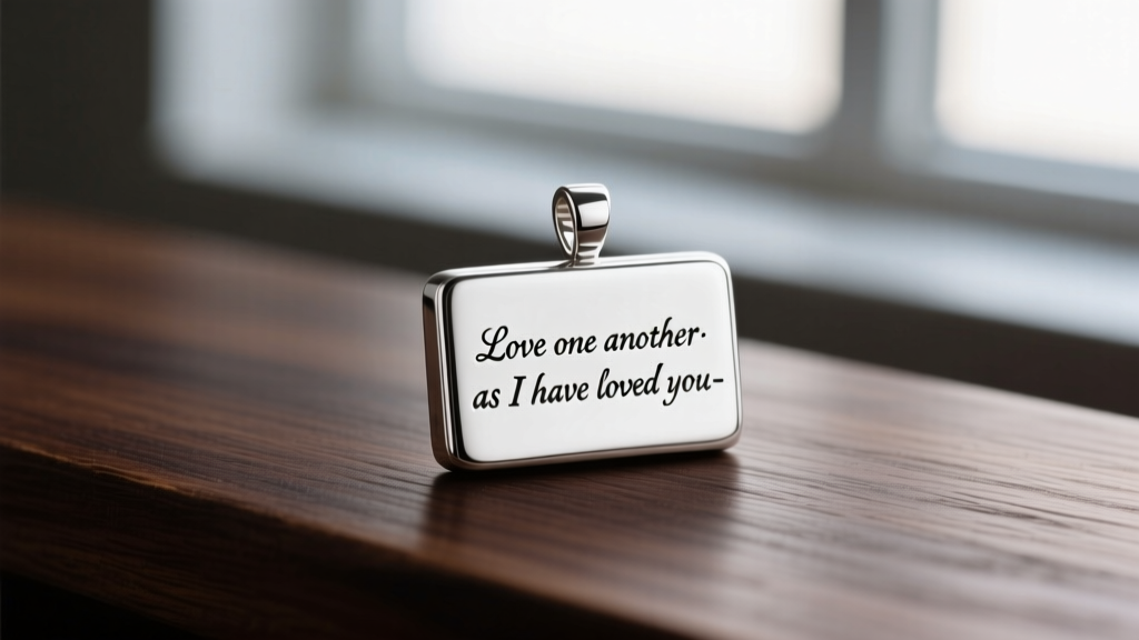 Close-up of a polished sterling silver rectangular pendant engraved with a delicate Bible verse, resting on a dark oak wood surface