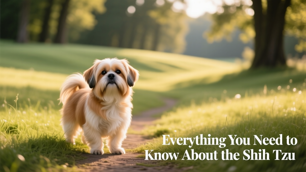 A Shih Tzu standing confidently on a sunlit grassy path, facing the camera with alert expression