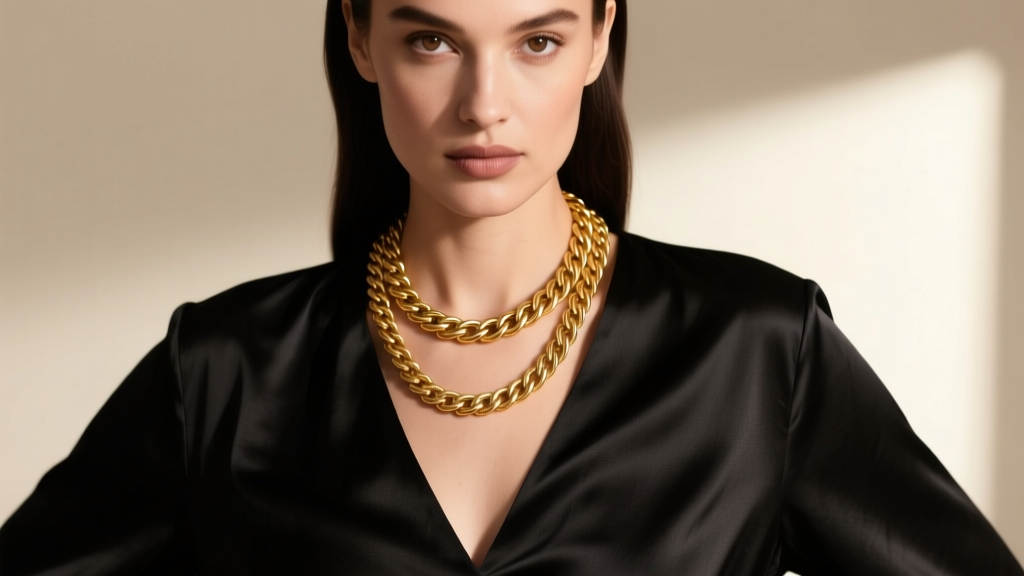Portrait of a woman layering an 18-inch gold cable chain and a 22-inch gold figaro chain over a black V-neck silk blouse, lit