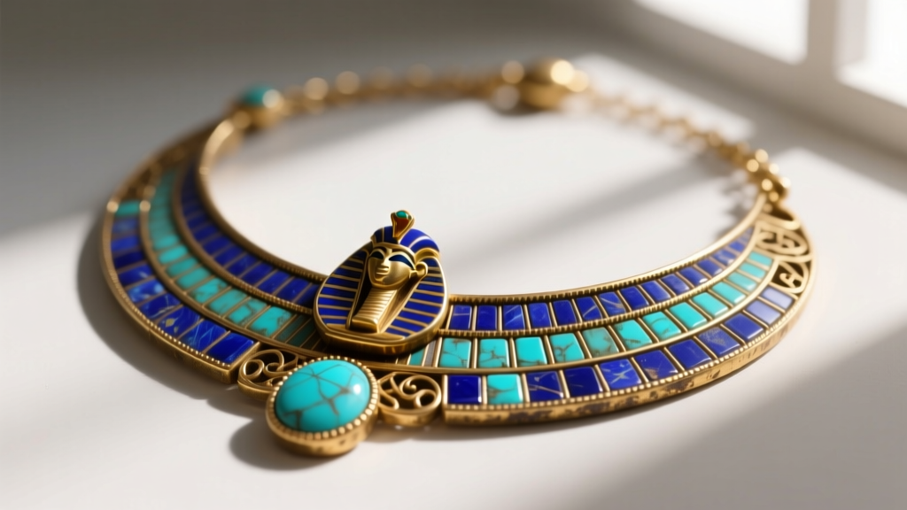 Macro photography of a vintage Egyptian name necklace featuring lapis lazuli and turquoise inlays set in oxidized gold bezels.