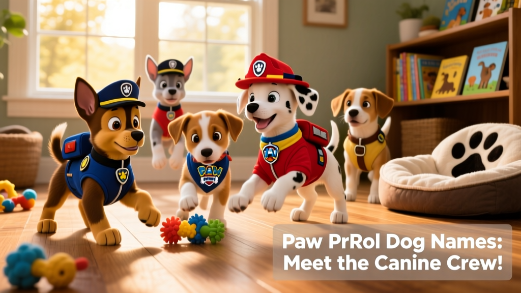 A collage of playful puppies wearing tiny PAW Patrol-themed bandanas and vests