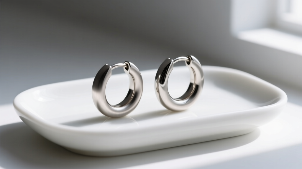 Brushed titanium huggie hoops with a matte finish on a white ceramic tray, illuminated by soft natural window light.