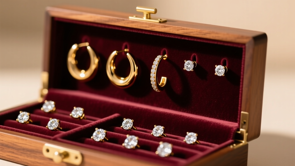 Close-up of a velvet-lined wooden earring holder organizer displaying gold hoops and diamond studs under warm vanity lighting.