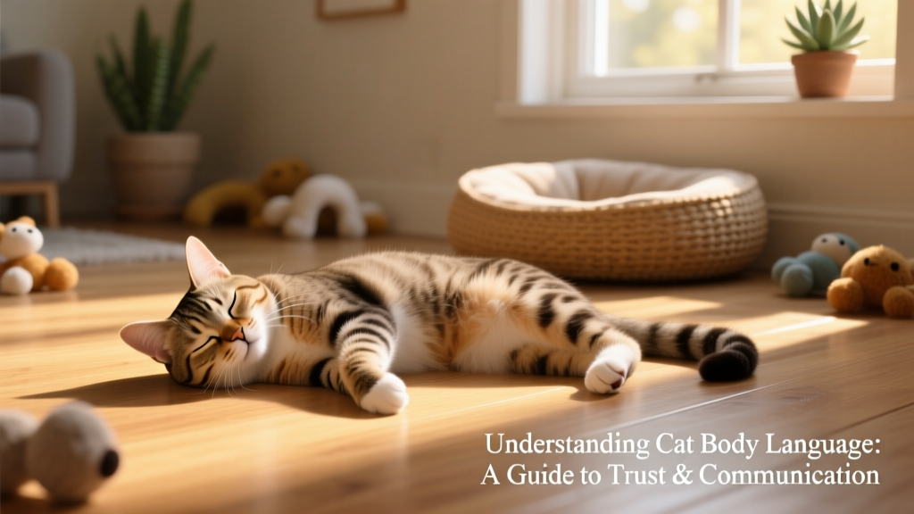 Photograph of a relaxed cat lying on its side, eyes half-closed, tail gently curled, ears forward—demonstrating calm, content body language