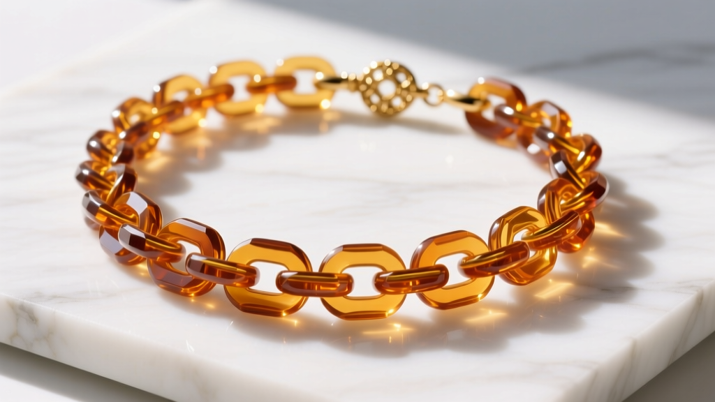 Chunky translucent amber acrylic chain necklace on white marble, highlighting polished links and a gold clasp in bright sunlight