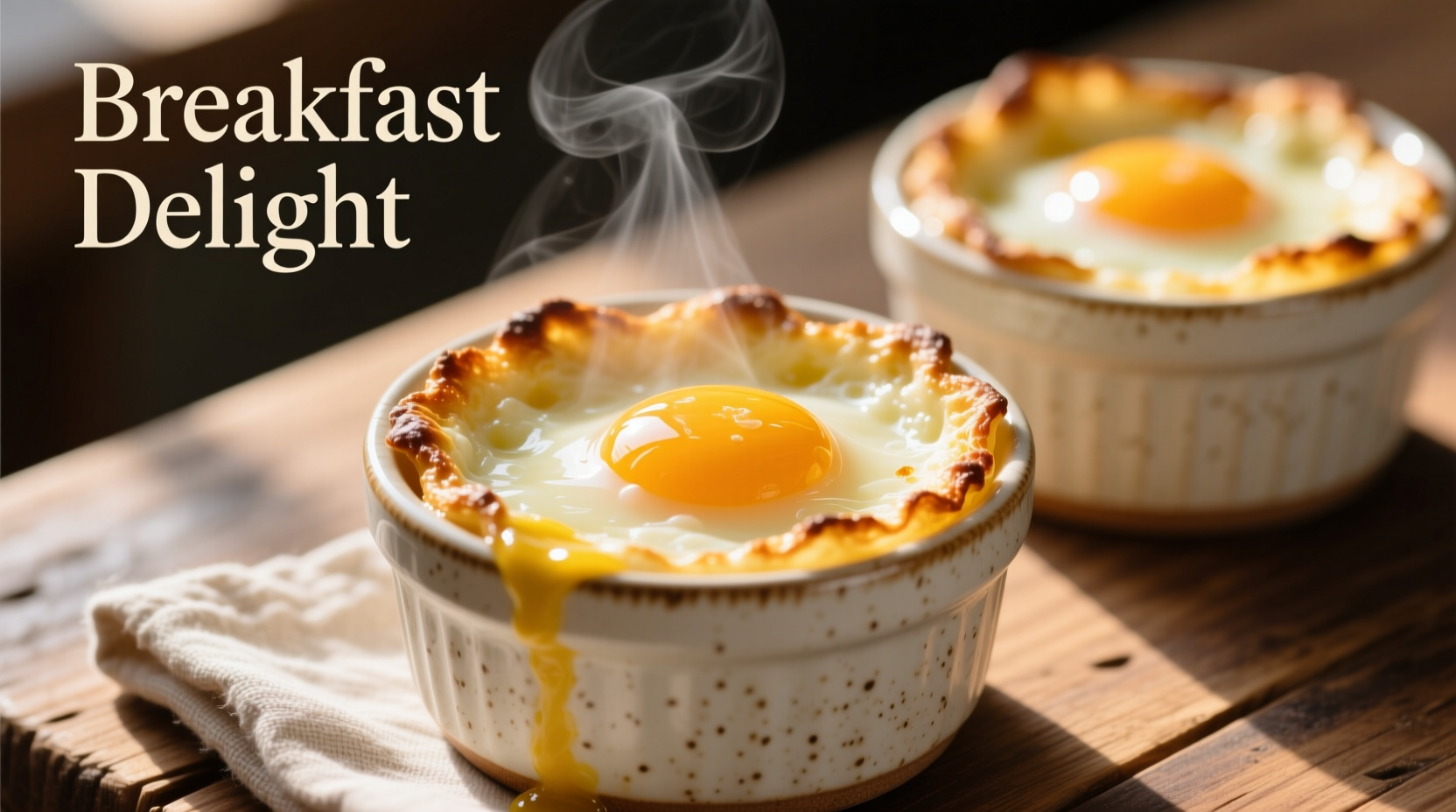 Oven-baked eggs in ceramic ramekins with runny yolks