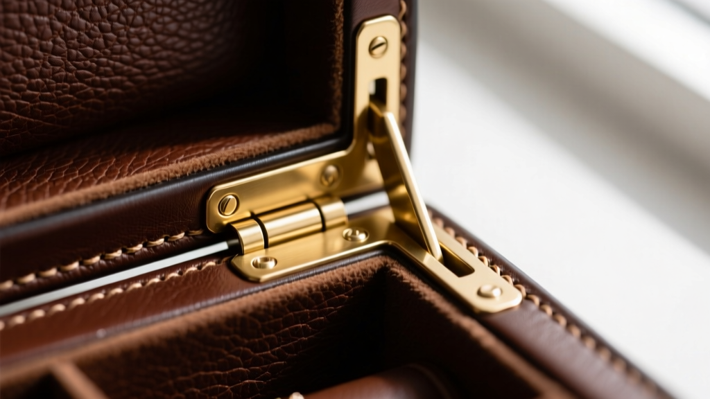 Macro shot of brown full-grain leather stitching meeting solid brass PVD-coated hinges on a premium mens jewelry storage valet