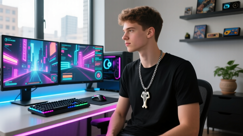 Male gamer wearing a thick silver chain with a bone motif pendant over a black t-shirt, sitting at a glowing PC gaming setup.