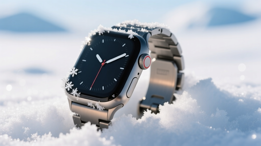 Close-up of a rugged smartwatch with a titanium band half-buried in deep snow, highlighting extreme cold weather durability testing.