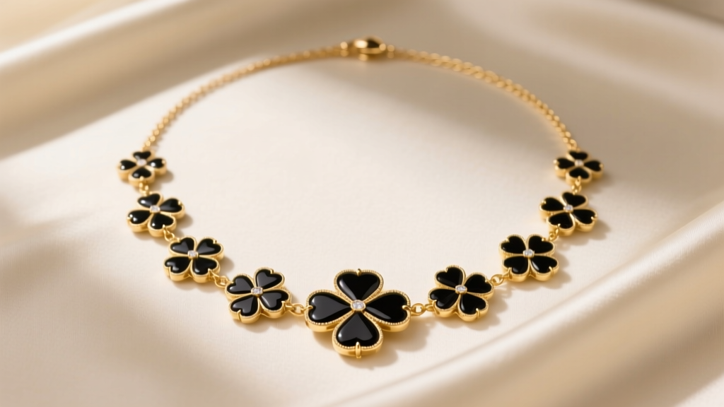 Flat lay of a 33-inch 18k gold long clover necklace with black onyx motifs on cream silk fabric under soft studio lighting.