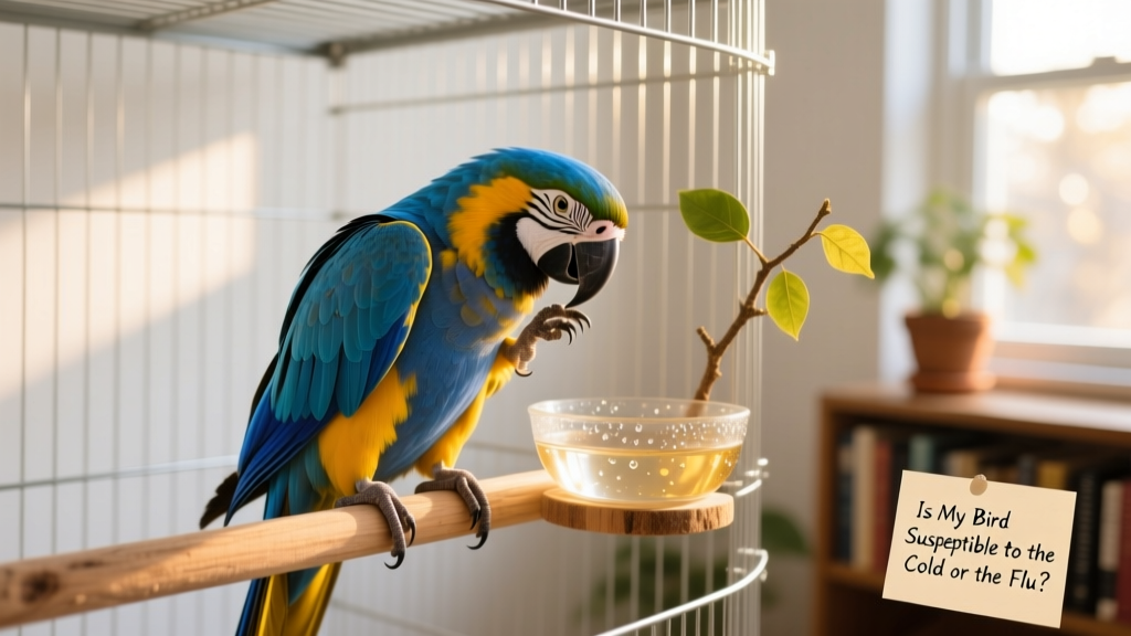 Close-up of a well-groomed caique preening its feathers beside a clean, spacious cage with fresh water and natural perches