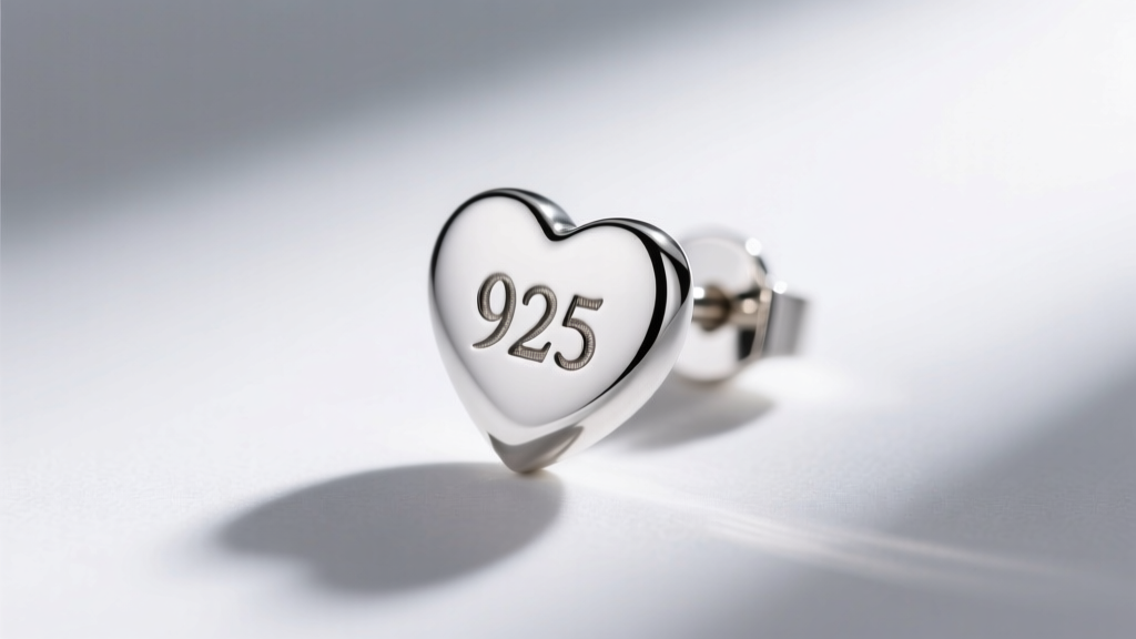 Macro photography of a silver heart stud earring post showing the tiny 925 hallmark stamp, sharp focus on the metal engraving