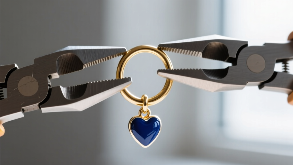 Macro shot of two flat-nose pliers twisting open a 5mm 18-gauge gold-filled jump ring to attach a small enamel heart charm