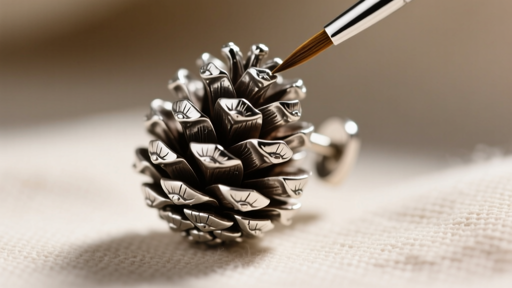 Close-up of a silver pinecone earring showing a micro-brush applying polish into the deep crevices of the intricate metal bark