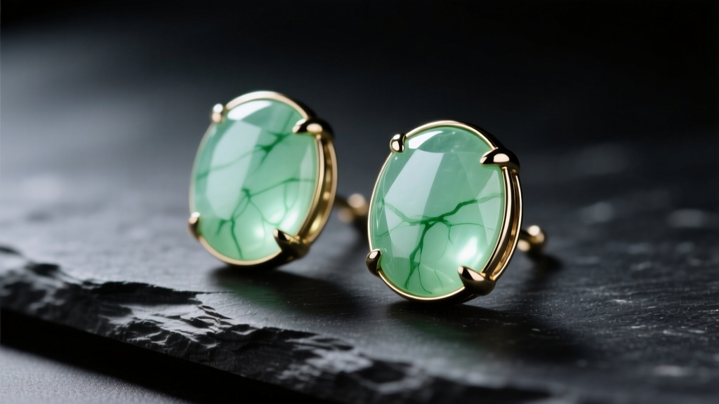 Macro shot of bezel-set prehnite cabochon drops on dark slate, showing milky green translucency under soft directional lighting