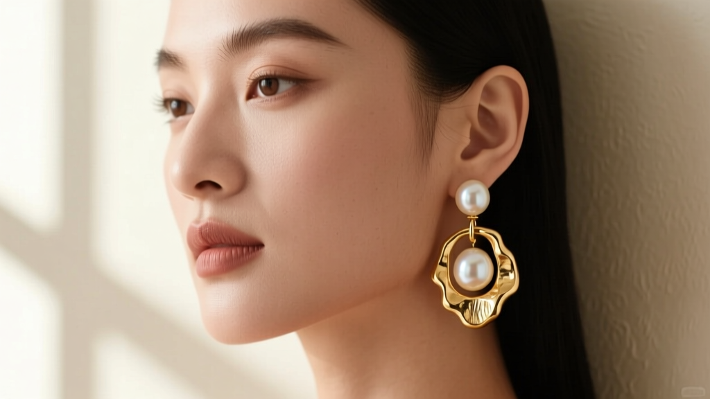 Portrait of a woman wearing 14k gold hoop dangle earrings with baroque pearls, soft window light highlighting the textured metal.