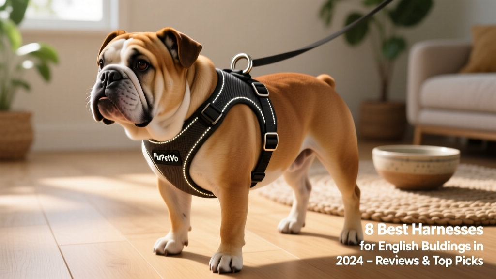 Front-clip FurPetVo Easy Walk harness on an English Bulldog, showing secure chest and shoulder fit
