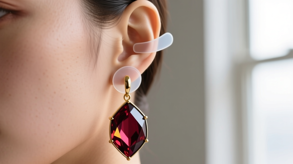 Close-up of an earlobe wearing a heavy burgundy glass and gold dangle earring supported by a clear silicone earring lifting patch