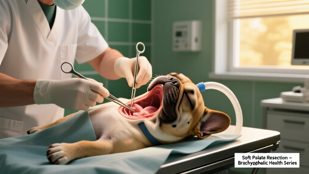 Veterinary surgeon performing soft palate resection surgery on a brachycephalic dog under anesthesia