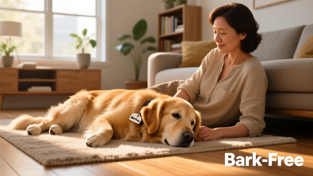 Happy dog resting quietly beside owner on a sunlit living room floor