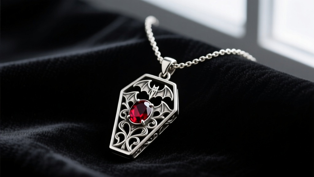 Oxidized sterling silver Nosferatu necklace with a coffin pendant, bat filigree, and deep red garnet resting on dark velvet fabric