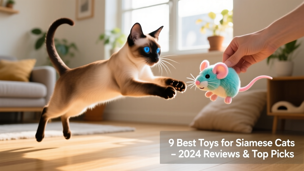 A Siamese cat pouncing playfully on a plush mouse toy during an interactive session with its owner