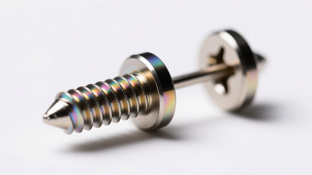 Macro shot of a 14-gauge titanium bugadi earring screw-back mechanism, showing the threaded post and secure cartilage fit.