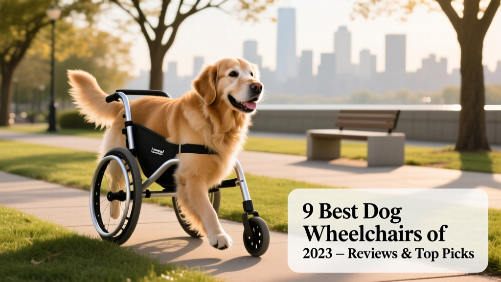 Senior golden retriever confidently walking outdoors in a modern, lightweight dog wheelchair