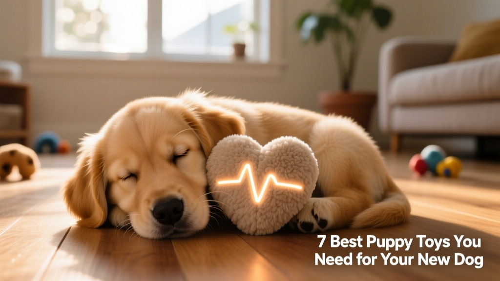 A calm, sleepy puppy nestled against a soft plush heartbeat toy with visible heartbeat light indicator